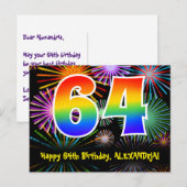 64e Verjaardag – Leuke Vuurwerk Patroon + Regenboo Briefkaart (Voorkant / Achterkant)