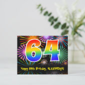 64e Verjaardag – Leuke Vuurwerk Patroon + Regenboo Briefkaart (Staand voorkant)