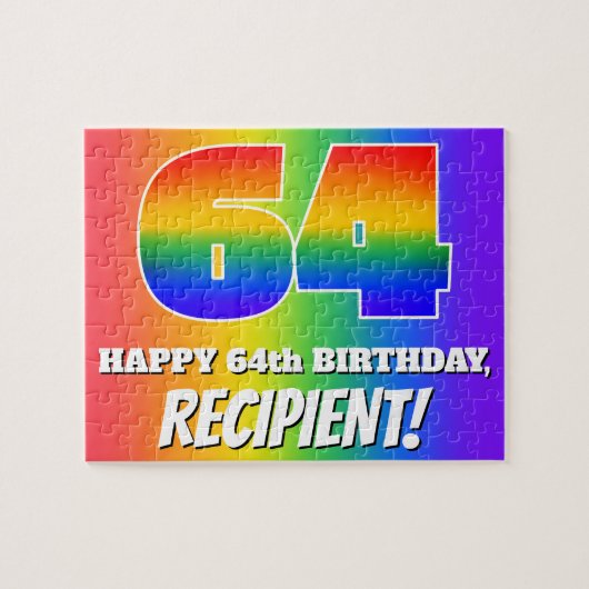 64e verjaardag — Meerkleurig regenboogpatroon "64" Legpuzzel (Horizontaal)