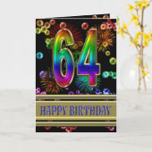 64e verjaardag met regenboogbellen en vuurwerk kaart (Gele Bloem)