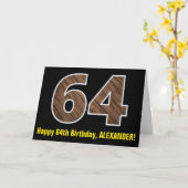64e verjaardag: Naam + Faux Wood Grain Patroon "64 Kaart (Gele Bloem)