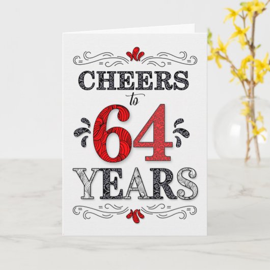 64e verjaardag Proost in rood wit zwart patroon Kaart (Gele Bloem)
