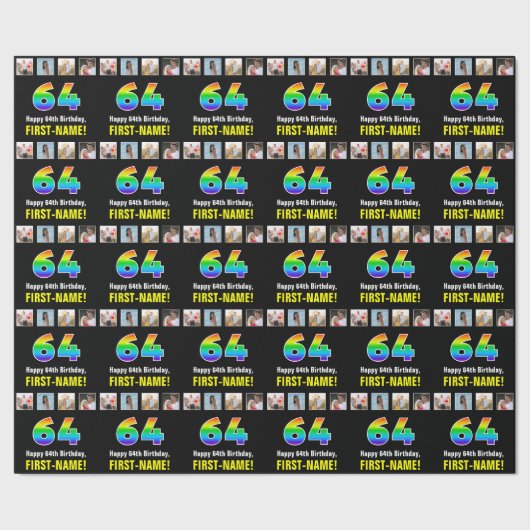 64e verjaardag: Regenboog "64"; Aangepaste foto's  Cadeaupapier (Zoom)