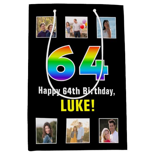 64e verjaardag: Regenboog "64", aangepaste foto's  Medium Cadeauzakje (Voorkant)