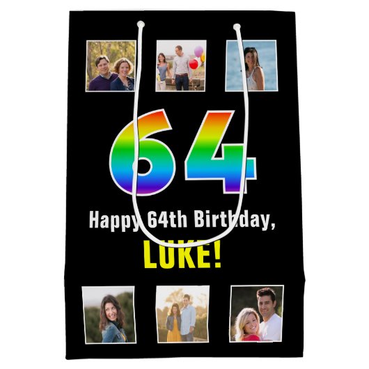 64e verjaardag: Regenboog "64", aangepaste foto's  Medium Cadeauzakje (Achterkant)