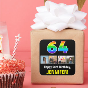 64e verjaardag: Regenboog "64"; Aangepaste foto's  Vierkante Sticker