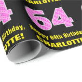 64e verjaardag: Roze strepen en hart "64" + naam Cadeaupapier (Rol Hoek)