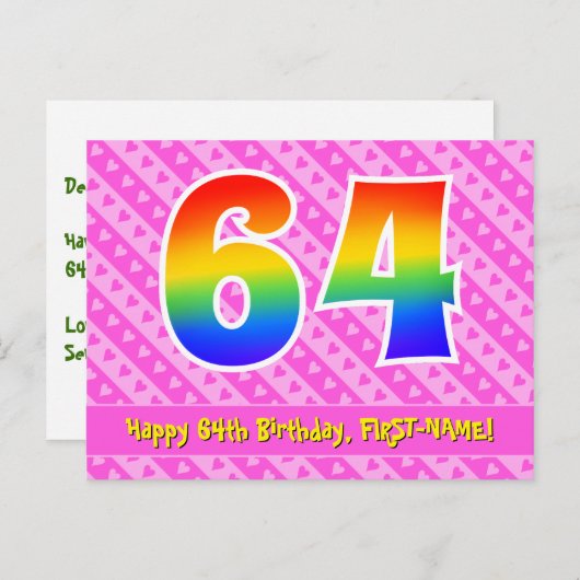 64e verjaardag: Roze strepen & harten, Regenboog 6 Briefkaart (Voorkant / Achterkant)
