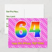 64e verjaardag: Roze strips en harten, regenboog 6 Briefkaart (Voorkant / Achterkant)