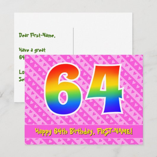 64e verjaardag: Roze strips en harten, regenboog 6 Briefkaart (Voorkant / Achterkant)