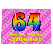 64e verjaardag: roze strips & harten, regenboognr. groot cadeauzakje (Voorkant)