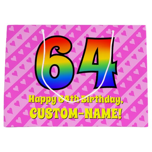 64e verjaardag: roze strips & harten, regenboognr. groot cadeauzakje (Voorkant)