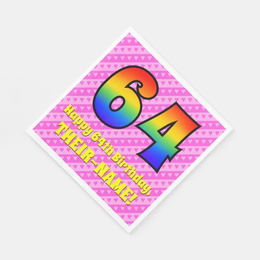 64e verjaardag: roze strips & harten, regenboognr. servet (Hoek)