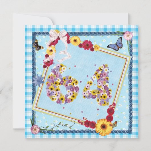 64e verjaardag Uitnodigingsbloemen, vlinders Kaart (Voorkant)