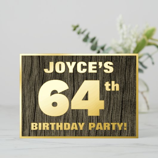 64e verjaardag: Vet, Faux Hood Grain Pattern Folie Uitnodiging (Staand Voorkant)