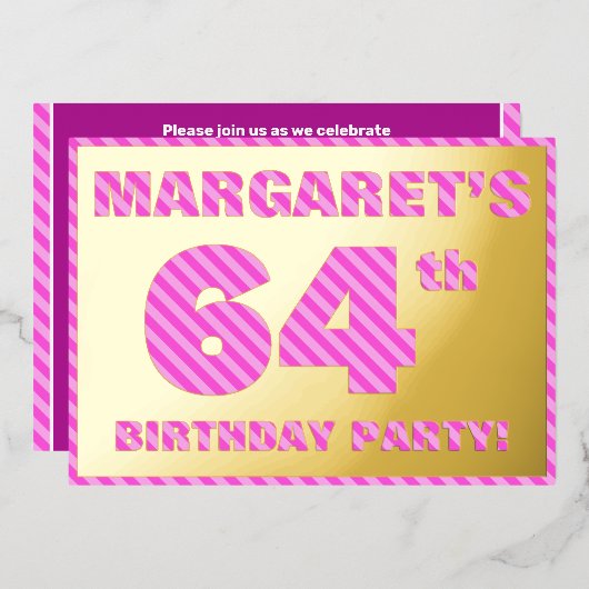 64e verjaardag — Vet, vuurtje, roze band # 64 Folie Uitnodiging (Voorkant / Achterkant)