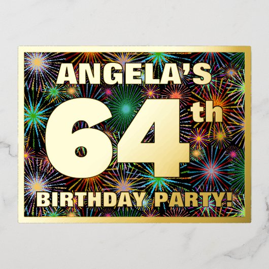 64e verjaardag: Vette, kleurrijke Fireworks-look Folie Uitnodiging Briefkaart (Voorkant)