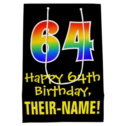 64e verjaardag: vun, vet, kleurrijk, regenboog "64 medium cadeauzakje (Achterkant)