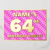 64e verjaardag — vuurroze harten en strips folie uitnodiging (Voorkant)