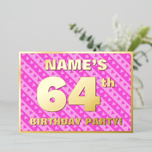 64e verjaardag — vuurroze harten en strips folie uitnodiging (Staand Voorkant)
