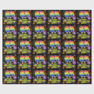 64e verjaardag: vuurwerk, regenboogblik # "64" cadeaupapier