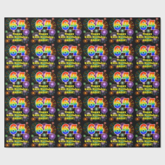 64e verjaardag: vuurwerk, regenboogblik # "64" cadeaupapier (Zoom)