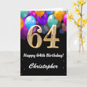 64e verjaardag zwarte en goudkleurige ballonnen kaart (Gele Bloem)