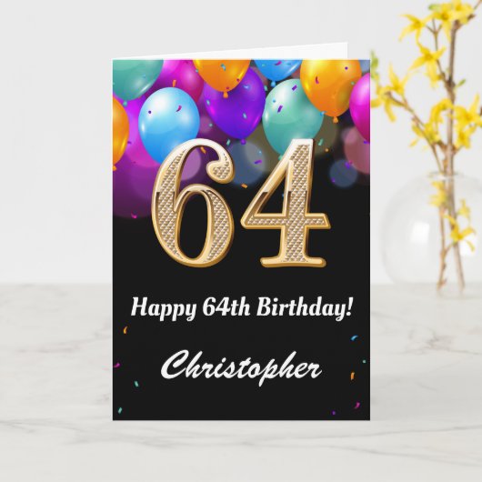 64e verjaardag zwarte en goudkleurige ballonnen kaart (Gele Bloem)