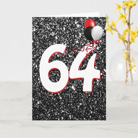 64e Verjaardagsballonnen op Zwarte Glitter Kaart (Gele Bloem)