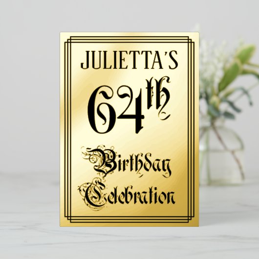 64e verjaardagsfeest — Elegant script + aangepaste Folie Uitnodiging (Staand Voorkant)