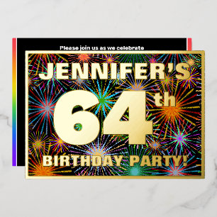 64e Verjaardagsfeest — Pret, Kleurrijke Vuurwerk U Folie Uitnodiging