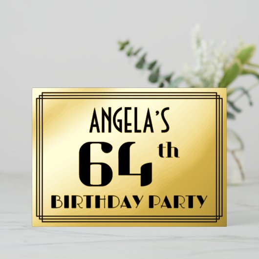 64ste verjaardag: Art Deco Kijk "64" en naam Folie Uitnodiging (Staand Voorkant)