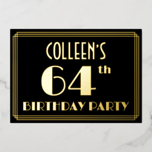 64ste verjaardag: Art Deco Kijk "64", met naam Folie Uitnodiging