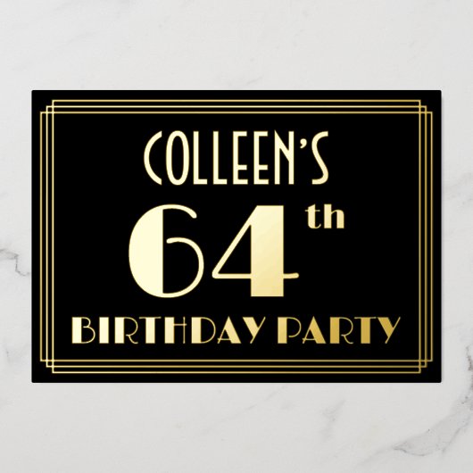 64ste verjaardag: Art Deco Kijk "64", met naam Folie Uitnodiging (Voorkant)