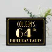 64ste verjaardag: Art Deco Kijk "64", met naam Folie Uitnodiging (Staand Voorkant)
