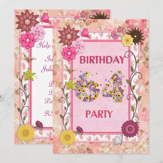 64ste verjaardagsfeestje met bloemenfeest lijst kaart (Voorkant / Achterkant)