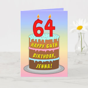 64th Birthday — Fun Cake & Candles, w/Custom Name Kaart