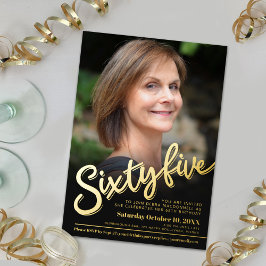 65.65e verjaardag aangepaste foto zwart goud folie uitnodiging