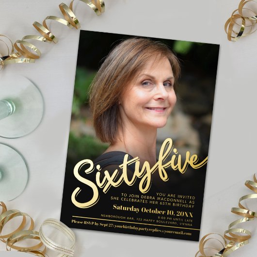 65.65e verjaardag aangepaste foto zwart goud folie uitnodiging