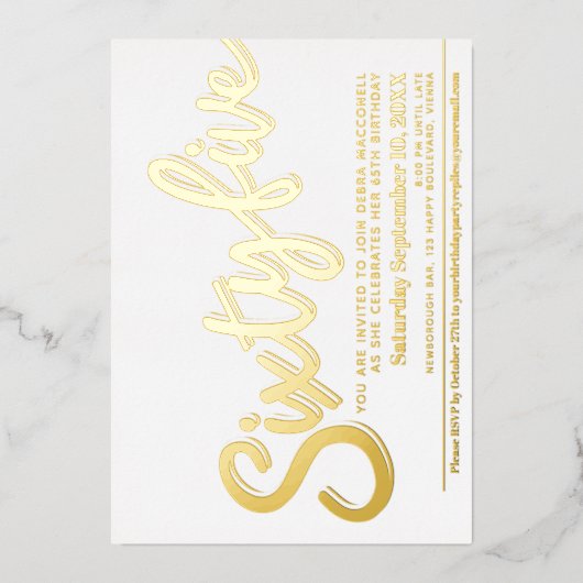 65 65th Birthday party white gold script Folie Uitnodiging (Voorkant)