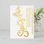 65 65th Birthday party white gold script Folie Uitnodiging (Staand Voorkant)