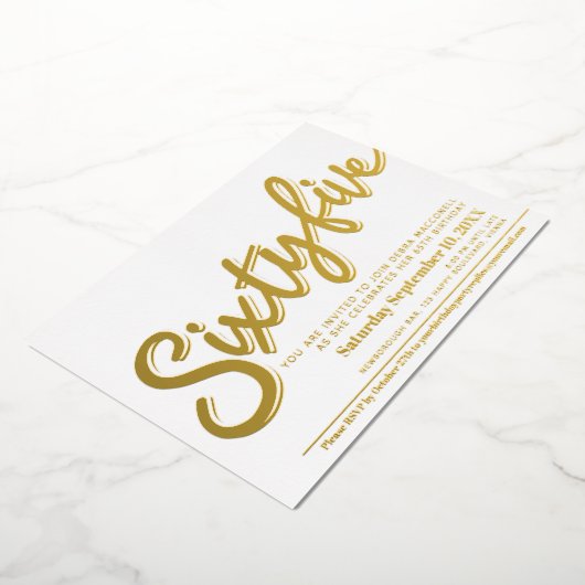 65 65th Birthday party white gold script Folie Uitnodiging (Gedraaid)