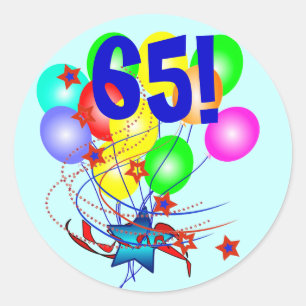 65! Of een ouderdomsvlieger rond de ballonnen Ronde Sticker