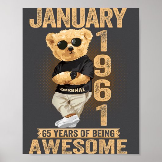 65 Year Old January 1961 Teddy Bear 65th Birthday Poster (Voorkant)