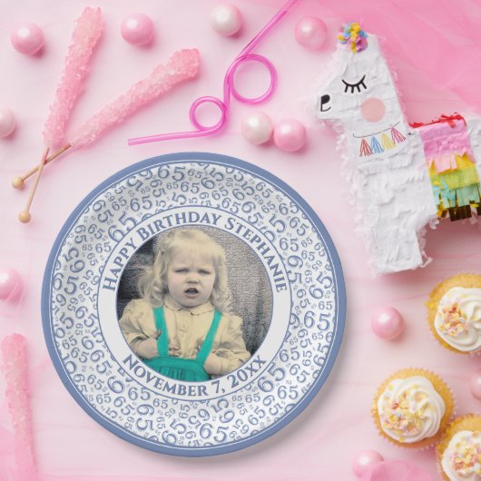 65 Your Photo Random Number Pattern Blue/White Papieren Bordje (Feest)