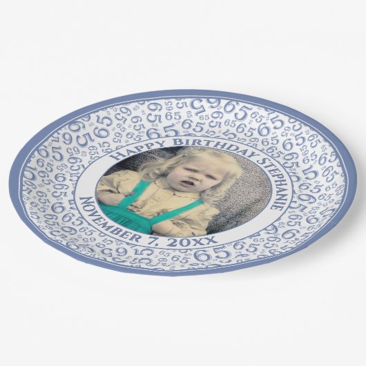 65 Your Photo Random Number Pattern Blue/White Papieren Bordje (Gekanteld)