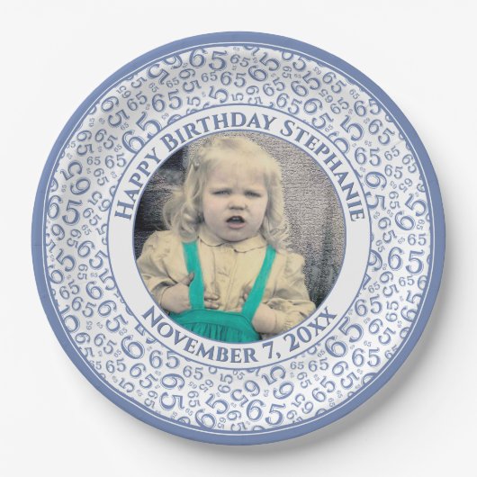 65 Your Photo Random Number Pattern Blue/White Papieren Bordje (Voorkant)