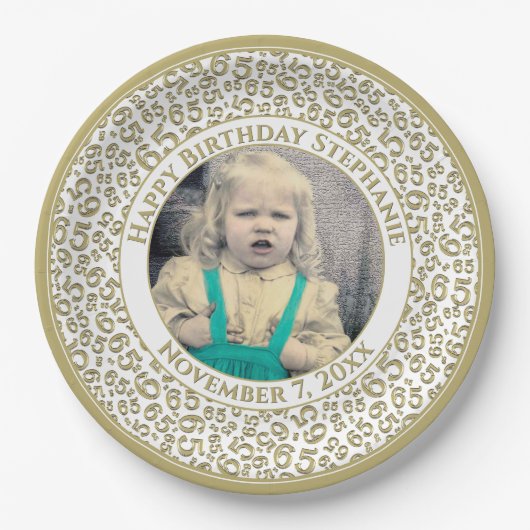 65 Your Photo Random Number Pattern Gold/White Papieren Bordje (Voorkant)