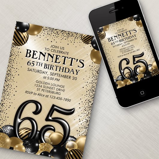 65e ballonnen zwart goud verjaardag kaart