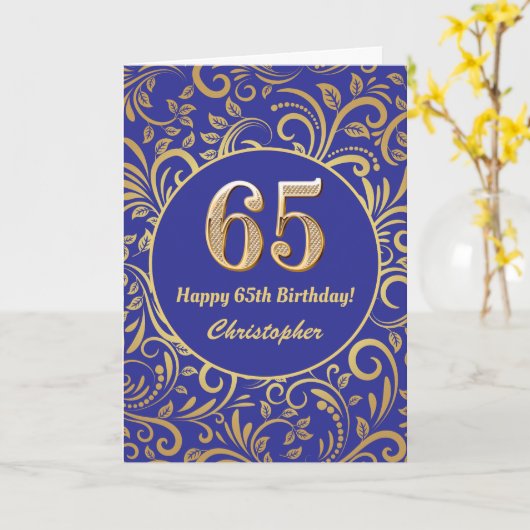 65e Birthday Navy Blue en Gold Floral Pattern Kaart (Gele Bloem)